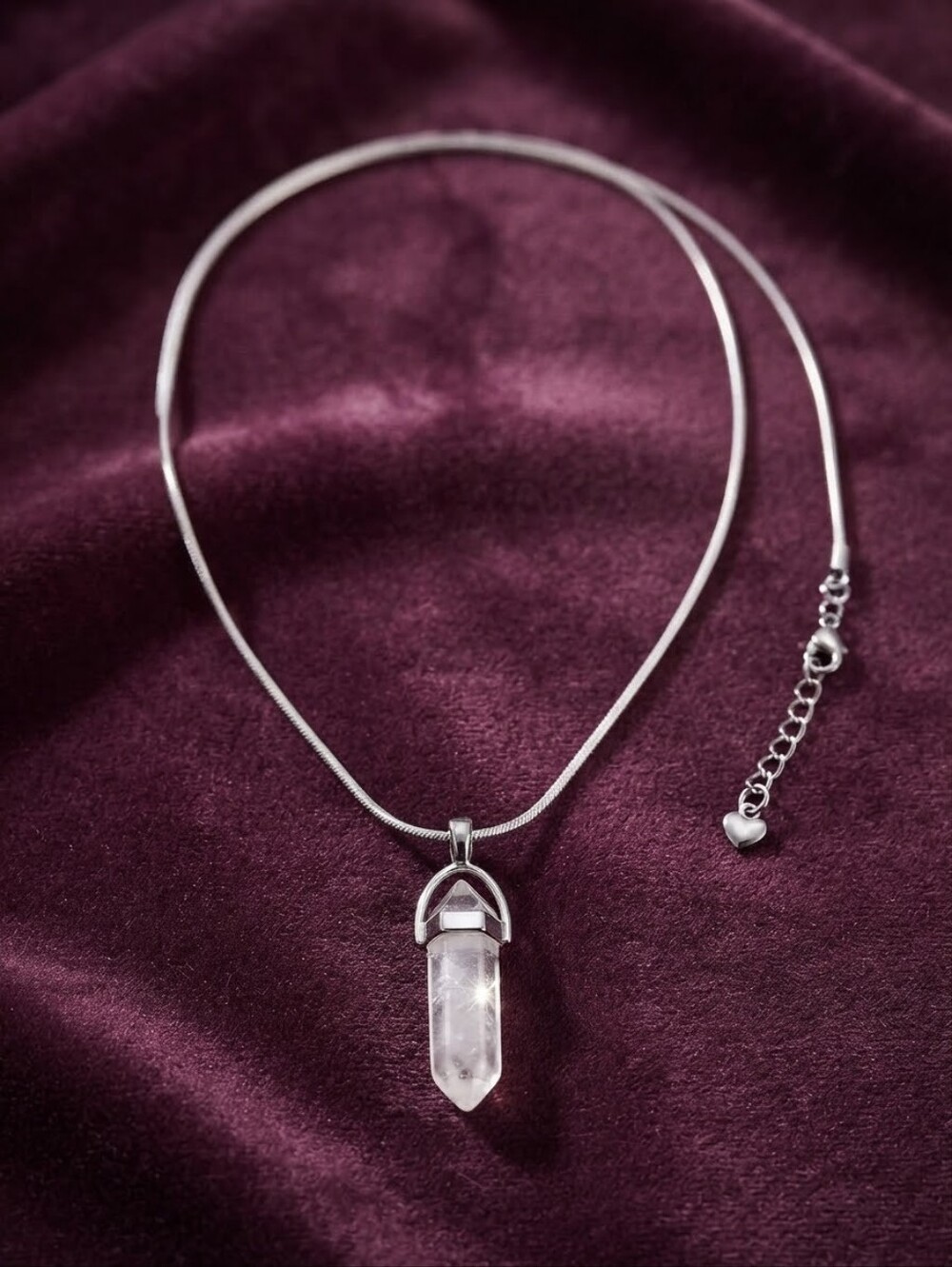 Clear Quartz Crystal Hexagonal Point Wand Silver Snake Chain Necklace CC